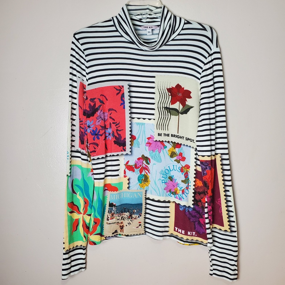 The Kit Daniel Vosovic Graphic Turtleneck Boho Art to Wear Postage Stamps Floral